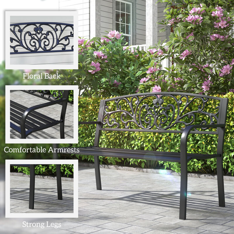 Hivvago 50" Outdoor Bench with Floral Backrest and Slatted Seat image number 4