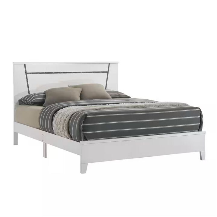 Lif High Gloss California King Bed, Glitter Filled Panel, Solid Wood, White - Benzara
