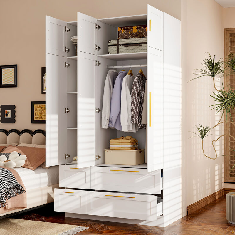 FUFU&GAGA Modern Wardrobe with Gold Handles, Spacious Storage and Hanging Rods (47" W x 20.5" D x 86.7" H),White