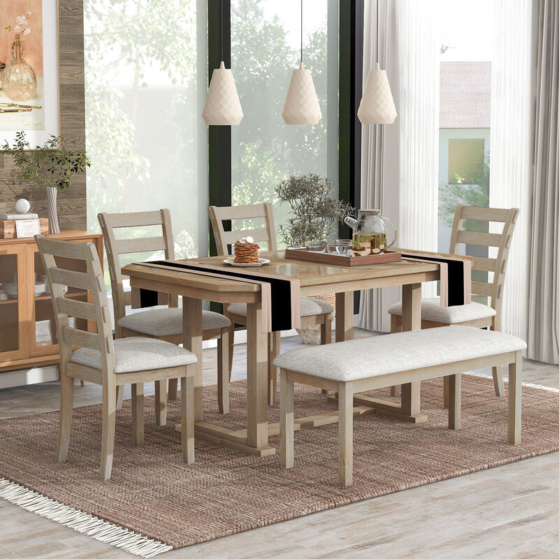Whisen 6-Piece Rubber Wood Dining Table Set with 4 Chair and 1 Bench - Natural Wood Wash