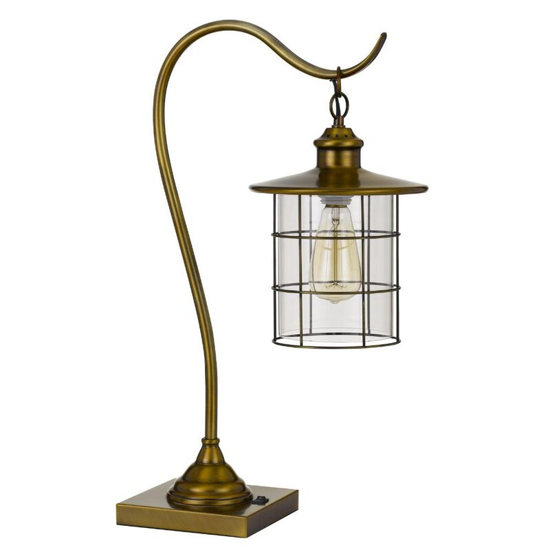 Hivvago 25" Antiqued Brass Metal Lantern Desk Lamp With Antiqued Brass Drum Shade