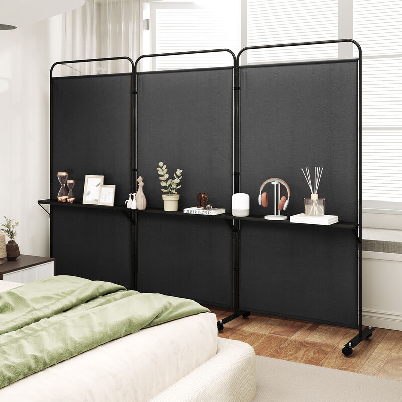 Multi-Functional 3-Panel Folding Room Divider with Metal Shelves and Lockable Wheels
