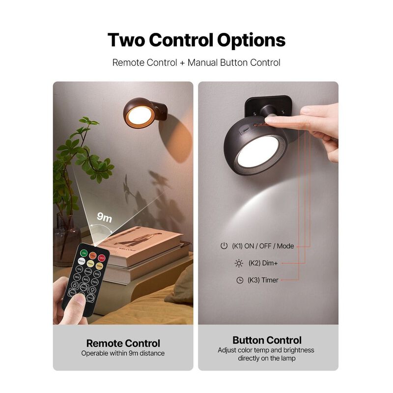 Wireless LED Wall Lights 2PCS Rechargeable with Remote, 360&deg; Rotation, Dimmable-Black image number 7