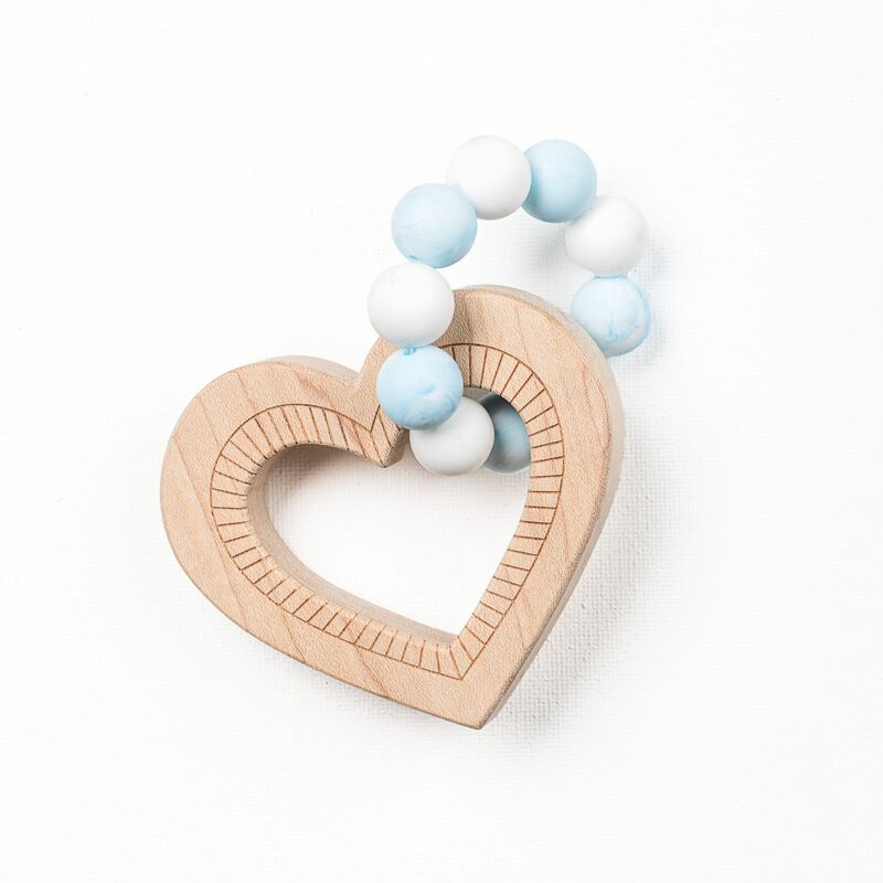 Silicone Bead Teether with Organic Cotton Bag - Heart with Blue Beads image number 0