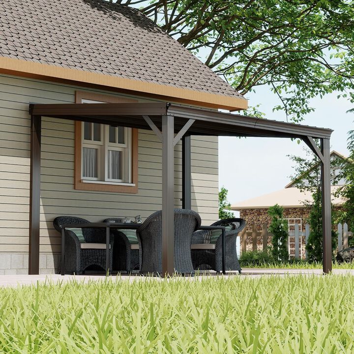 10X10FT Wall Mounted Gazebos Pergola with Built in Drainage System, Galvanized Steel Roof Hardtop Patio Shelter, Gray