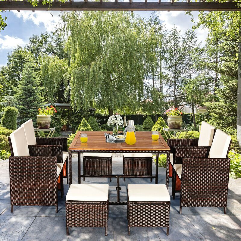9 Piece Patio Rattan Dining Set with Cushioned Chairs for Outdoor Meals