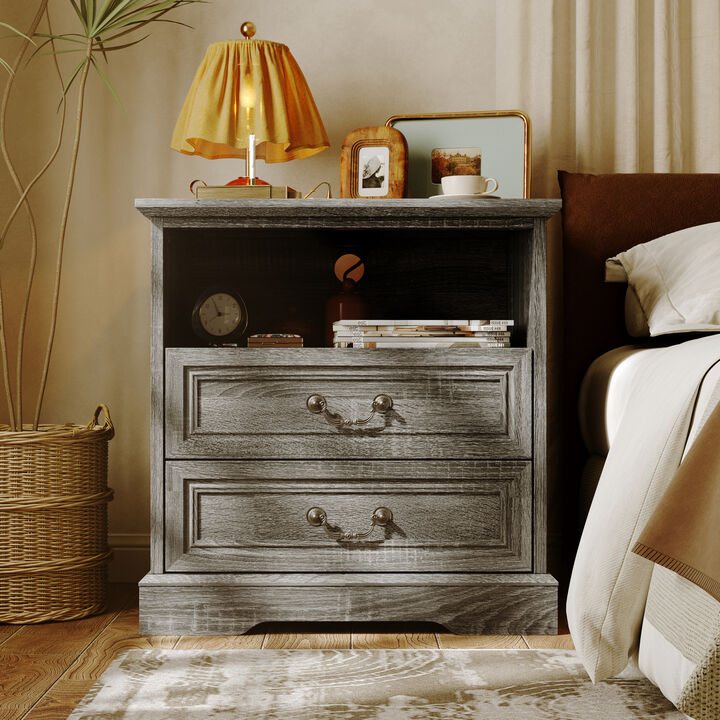 FUFU&GAGA Bedside Table Nightstand with Built-in USB and AC Outlet 2 Drawers and Open Shelf 23.6''L x 17.7''W x 24''H Grey Woodgrain