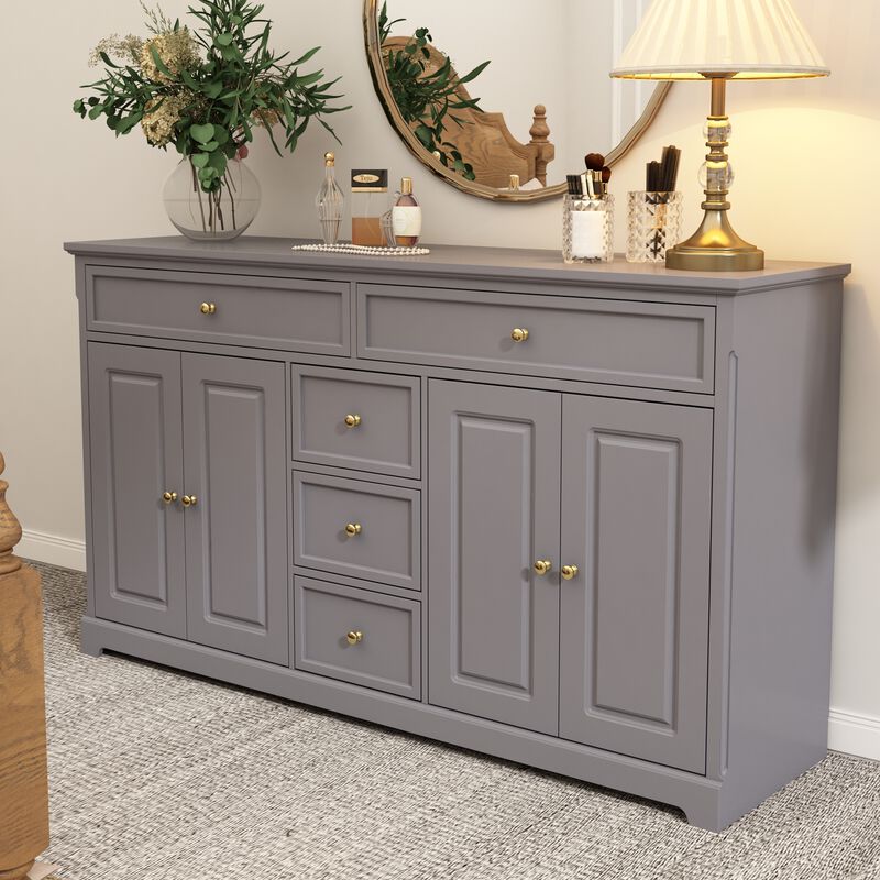 Gray Wood 59.1 in. W Sideboard with 2 Large Drawers, 3 Small Drawers and 2 Cabinets 33.5 in. H x 15.7 in. D