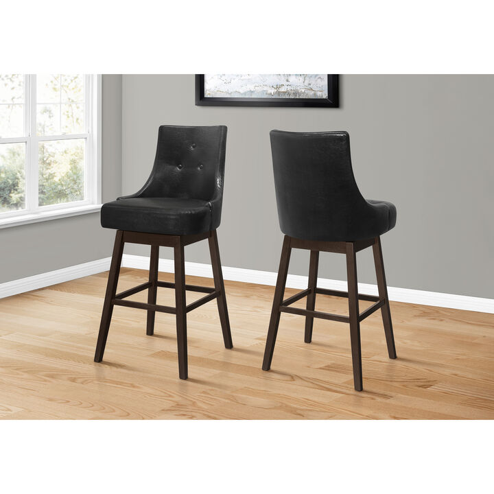 Monarch Specialties I 1242 Bar Stool, Set Of 2, Swivel, Bar Height, Wood, Pu Leather Look, Black, Brown, Transitional