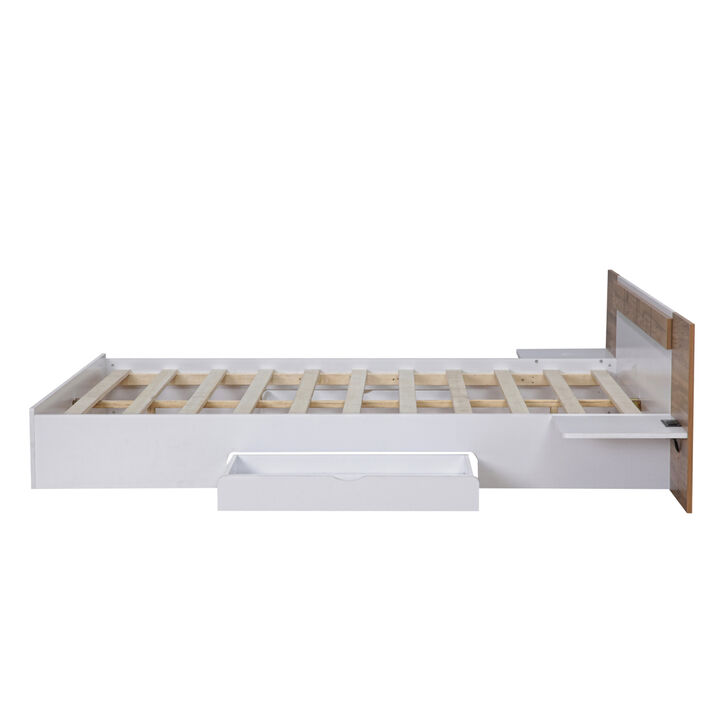 Queen Size Platform Bed with Headboard, Drawers, Shelves, USB Ports and Sockets, White (Expected Arrival Time:7.18)