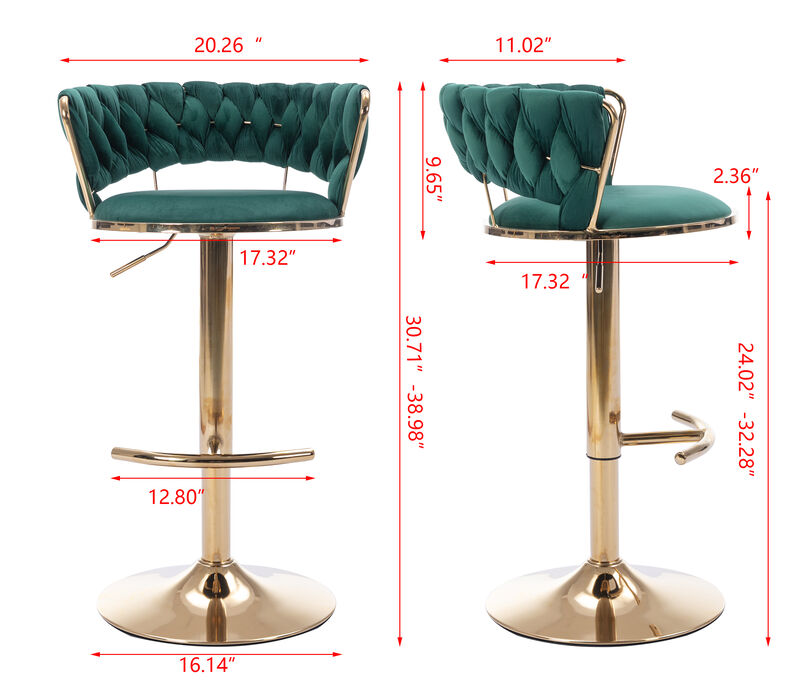 Set of 2 Bar Stools, with Chrome Footrest and Base Swivel Height Adjustable Mechanical Lifting Velvet + Golden Leg Simple Bar Stool-Green