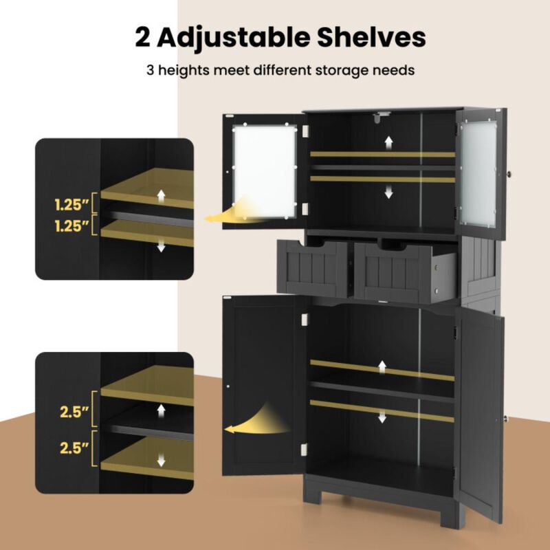 Hivvago 4 Door Freestanding Bathroom Floor Storage Cabinet with 2 Drawers and Glass Doors