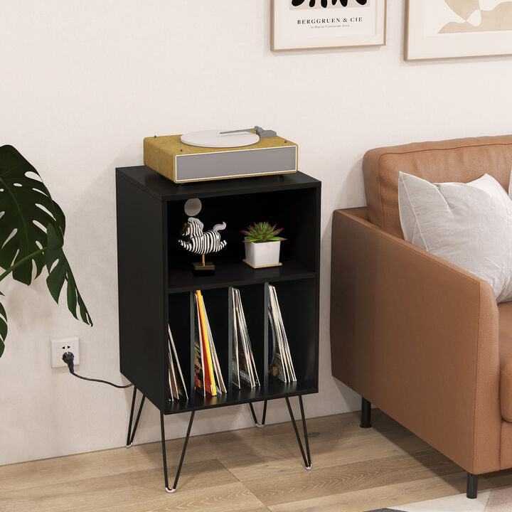 Record Player Stand with Charging Station for Living Room or Bedroom Storage and Decor