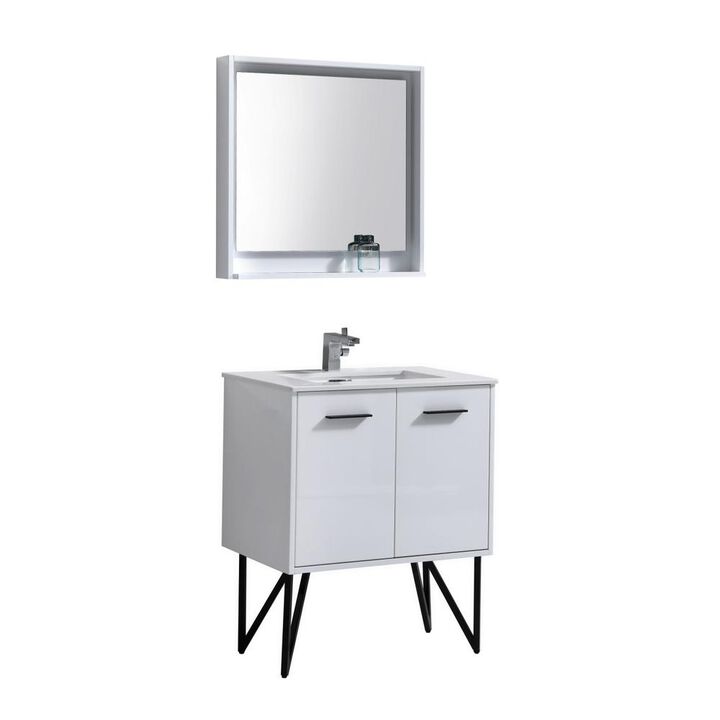Kubebath Bosco 30 Modern Bathroom Vanity w/ Quartz Countertop and Matching Mirror