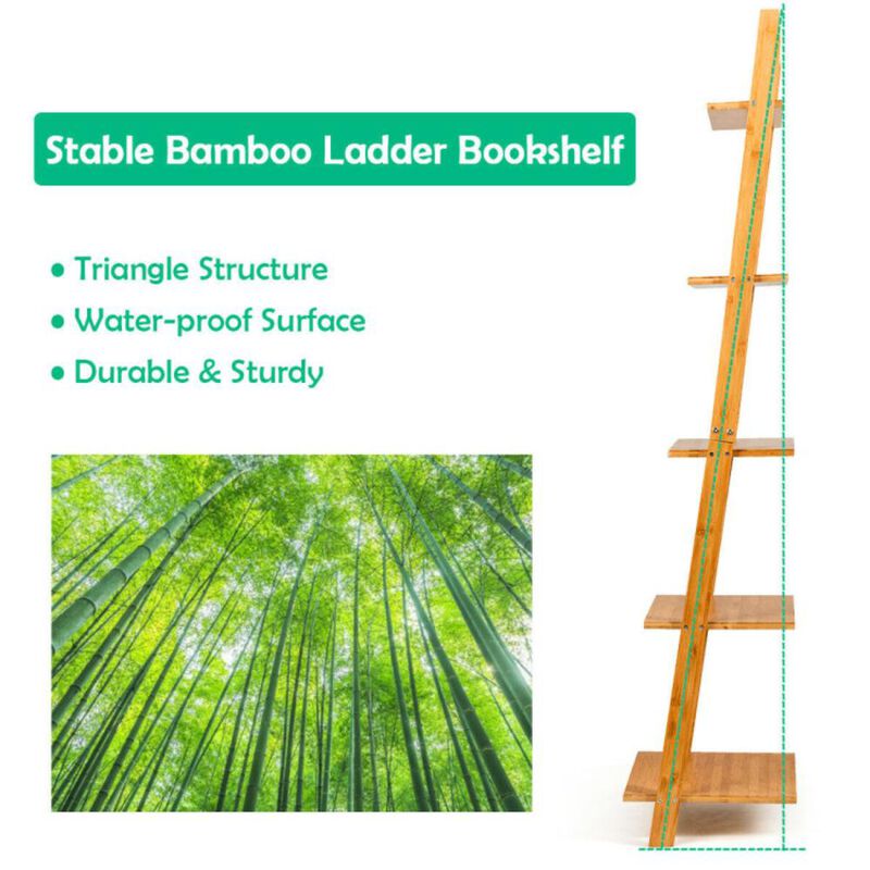 Hivvago 5-Tier Modern Bamboo Wall-Leaning Display Ladder Bookshelf