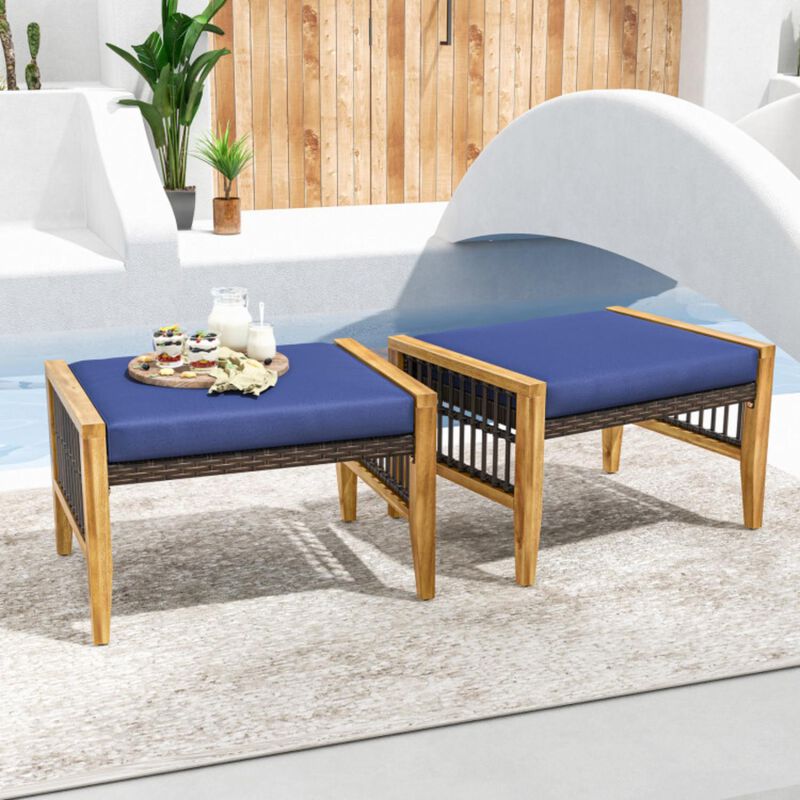 Hivvago Patio Acacia Wood Ottomans with Cushions and Versatile Rattan Woven Footstools