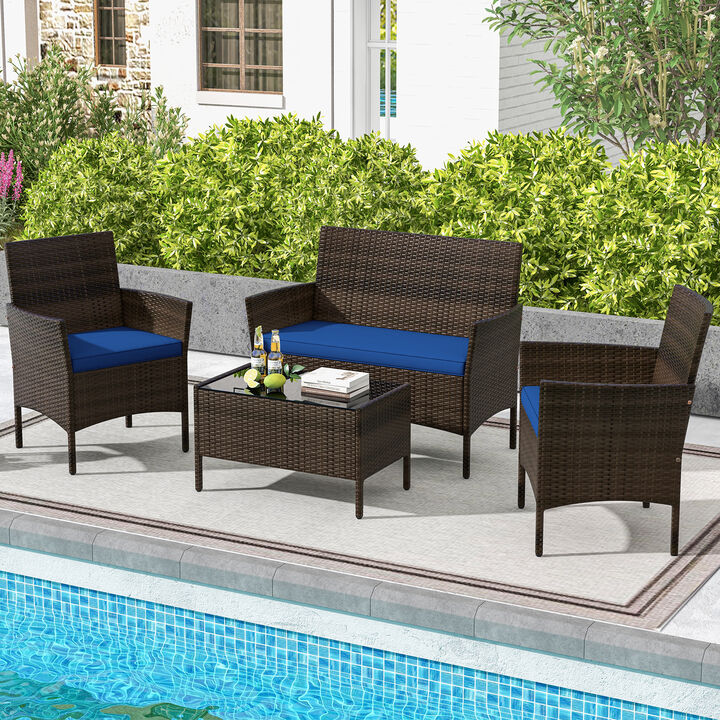 4 Piece Patio Rattan Conversation Set with Cozy Seat Cushions