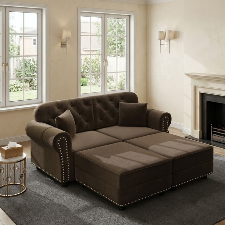 Whisen 2 Seat Velvet Upholstered Sofa with 2 Ottomans, Nailhead Trim, Mid-Century Modern, for Living Room