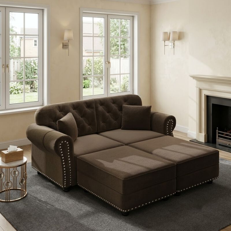Whisen 2 Seat Velvet Upholstered Sofa with 2 Ottomans, Nailhead Trim, Mid-Century Modern, for Living Room image number 1