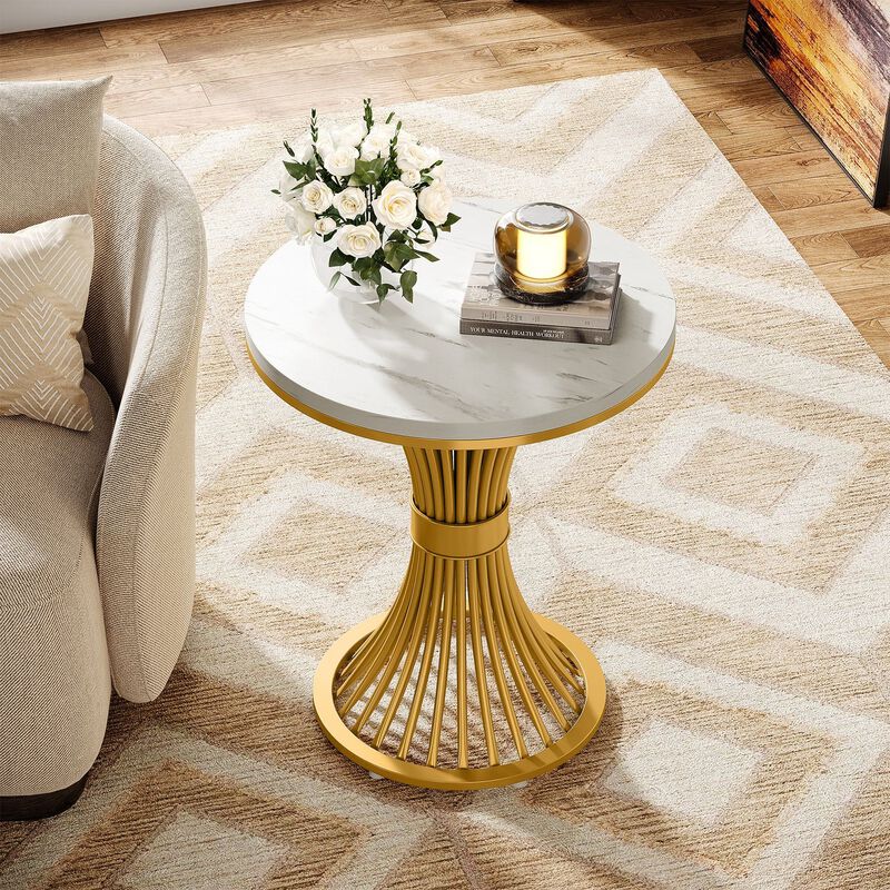 Faux Marble Round Side Table with Gold Metal Base, End Table image number 4