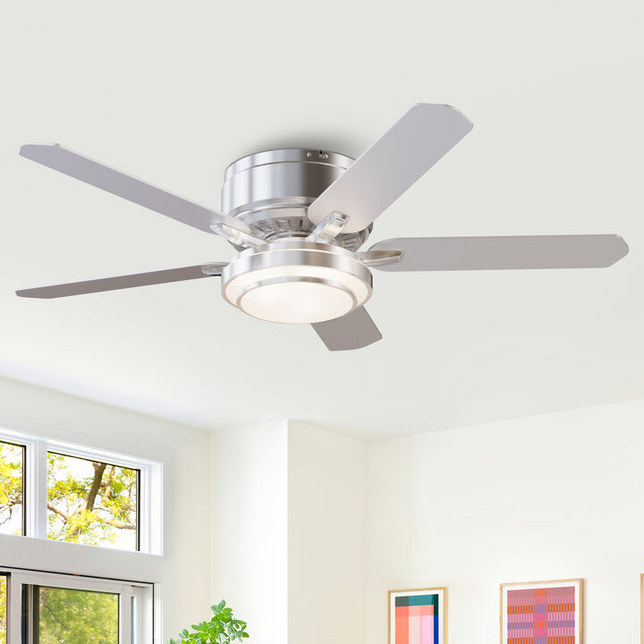 52" Modern Brushed Nickel Flush Mount LED Ceiling Fan with Remote