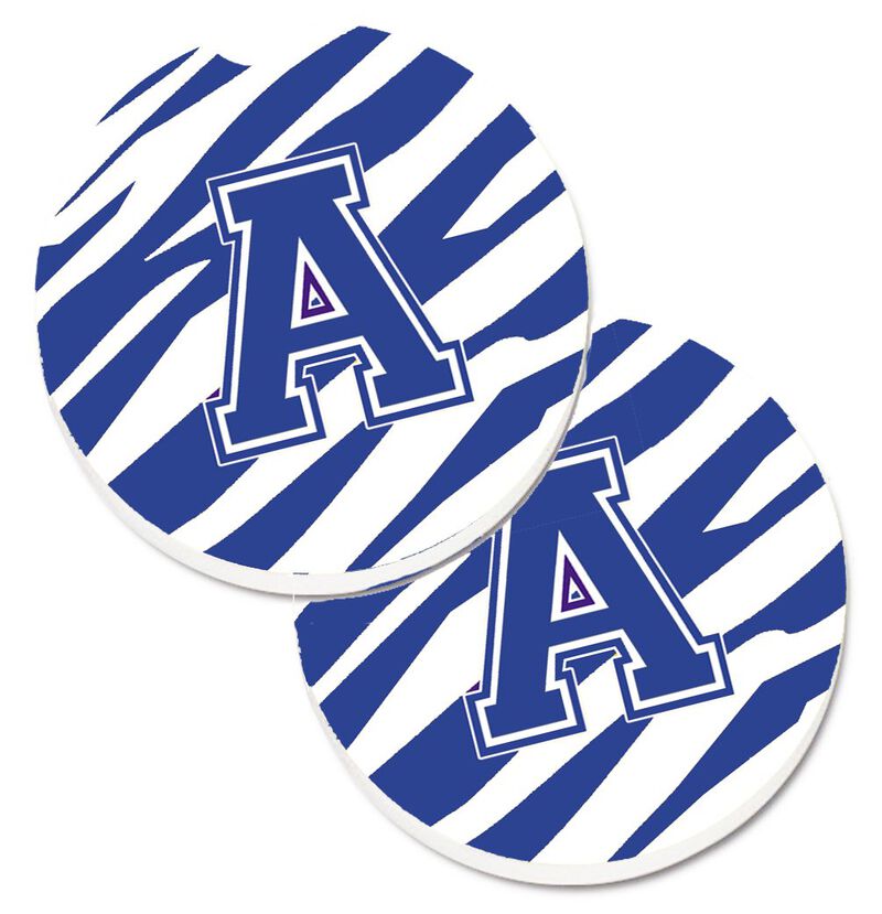 Caroline's Treasures Letter A Monogram - Blue White Tiger Stripe Set of 2 Cup Holder Car Coasters CJ1034-ACARC, 2.56, Multicolor