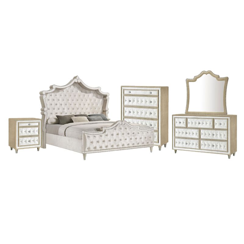 Lino 5 Piece Queen Bedroom Set, Classic Ivory White Velvet Upholstery