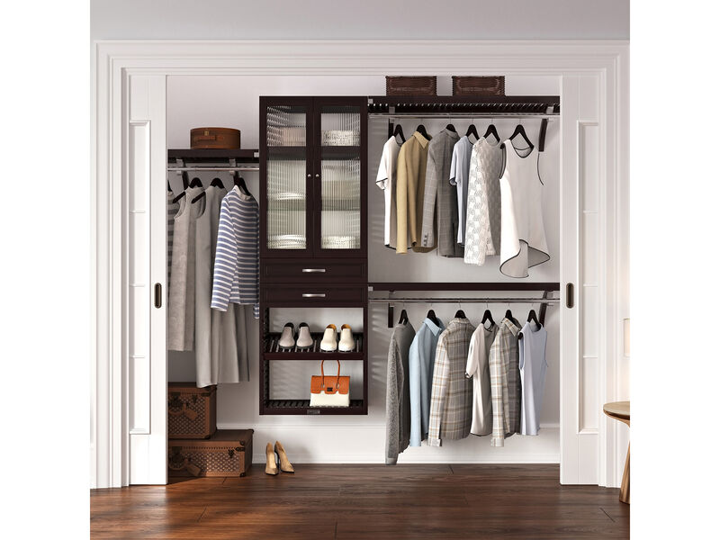 Solid Wood Walk-In Closet Organizer with 2  Drawers and Glass Doors