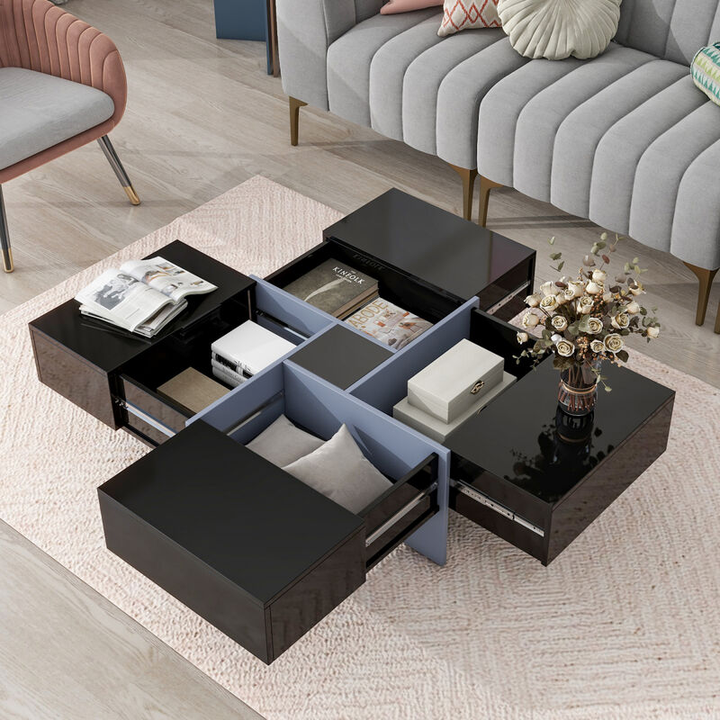 Unique Design Coffee Table with 4 Hidden Storage Compartments, Square Cocktail Table with Extendable Sliding Tabletop, UV Highgloss Design Center Table for Living Room, 31.5"x 31.5"