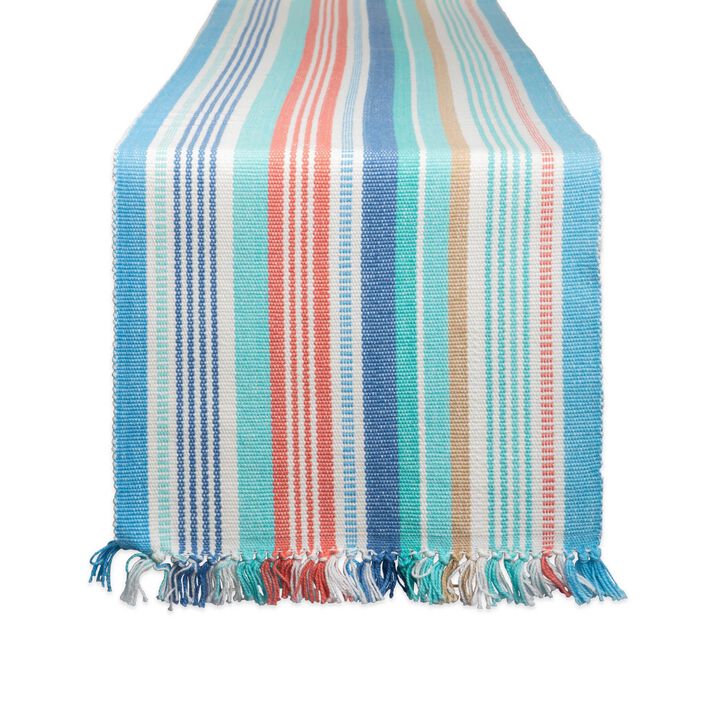 72" Blue and Orange Striped Rectangular Table Runner with Fringed Edges