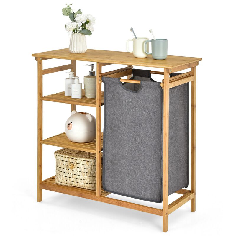Wicker Laundry Hamper Stand with Removable Sliding Bag and 3-Tier Open Shelves