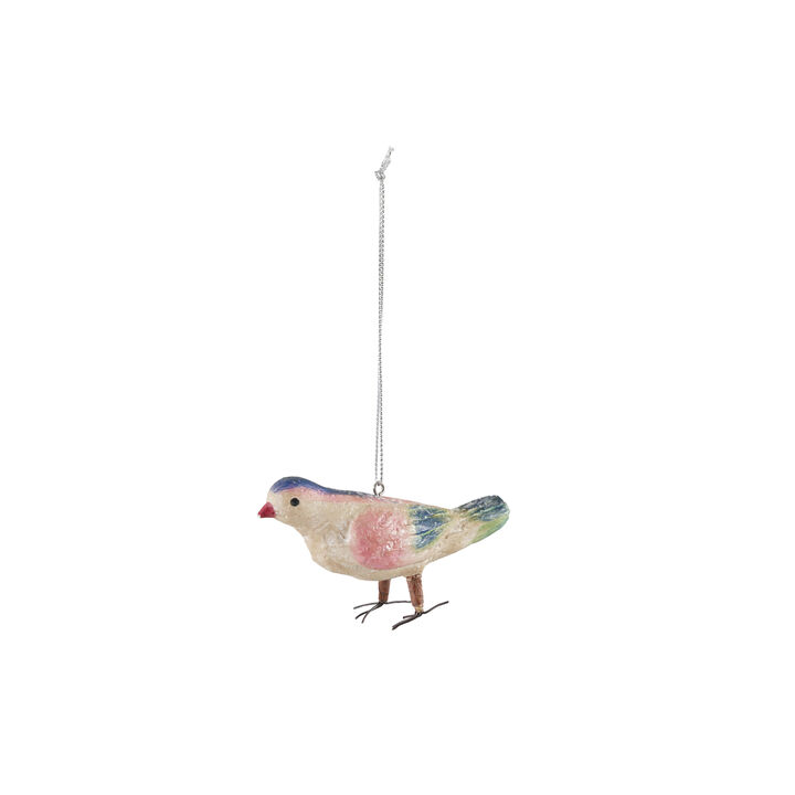 Handcrafted Paper Mache Bird Ornament, Multicolor with Iron Detail