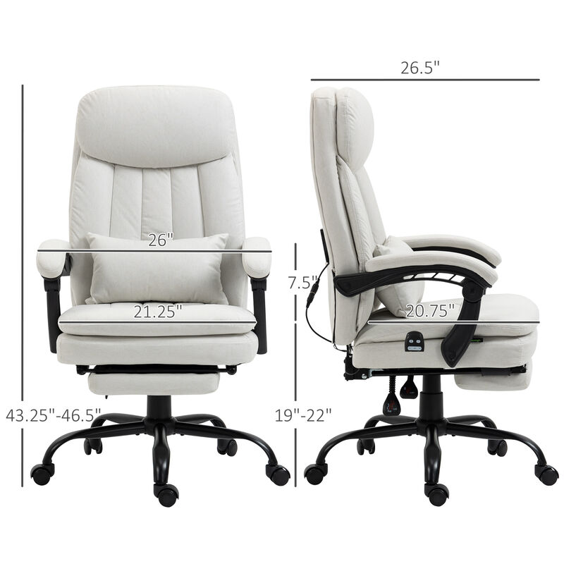 Vinsetto Microfibre Executive Massage Office Chair, Swivel Computer Desk Chair, Heated Reclining Computer Chair with Lumbar Support Pillow, Cream White