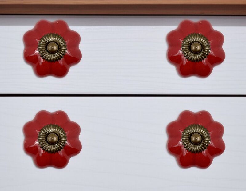 HomeRoots Set of Six Red Floral Knob Ceramic Drawer Pull Knobs image number 1