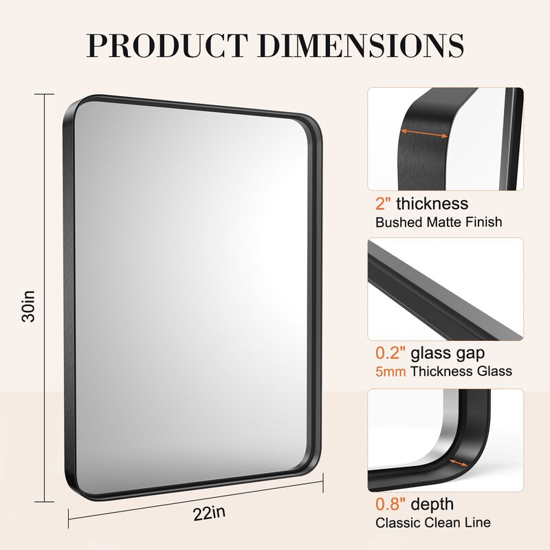 Aluminum Alloy Bathroom Mirror 29"x21", Anti-Rust Tempered Glass Wall Mirror, Black