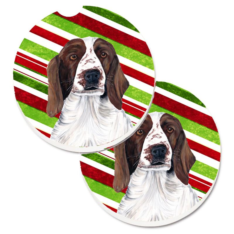 Caroline's Treasures Welsh Springer Spaniel Candy Cane Holiday Christmas Set of 2 Cup Holder Car Coasters SC9340CARC, 2.56, Multicolor image number 0