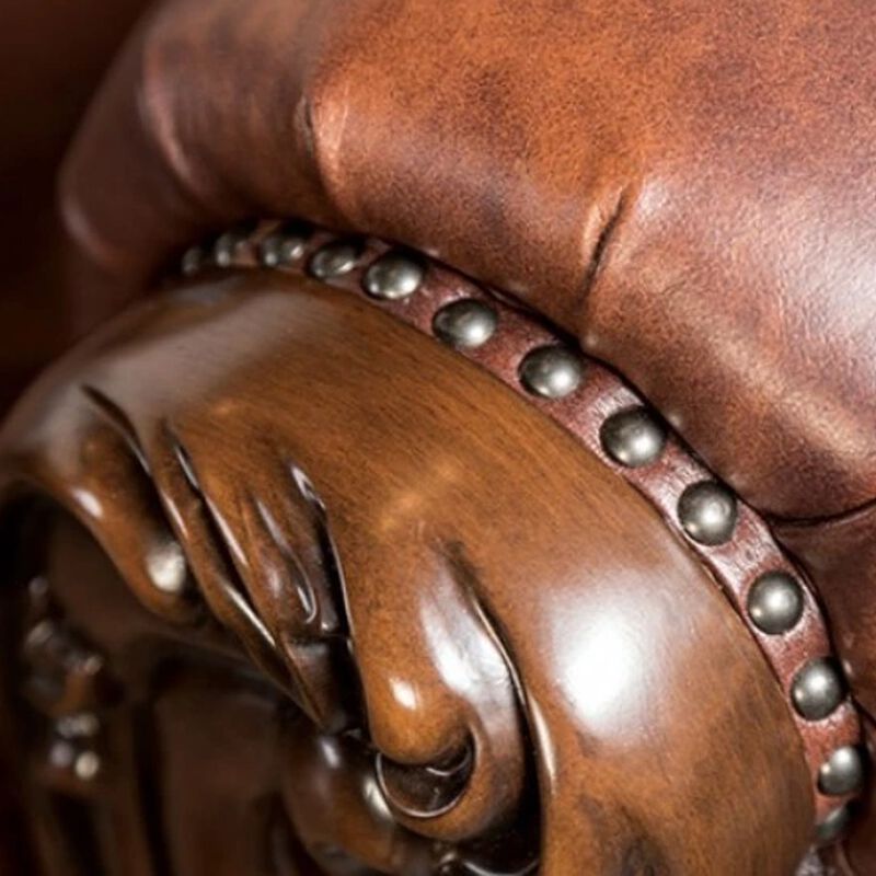 Puhi Sofa, Brown Faux Leather, Ornate Carved Dark Cherry Wood, 95 Inch image number 3