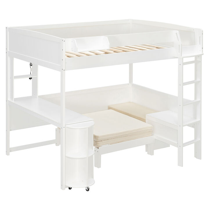Merax Full Size Multifunctional Loft Bed with Rotating L-Shaped Desk