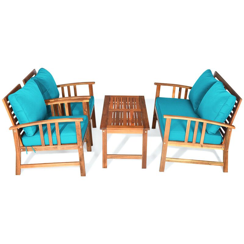 4 Pieces Wooden Patio Furniture Set Table Sofa Chair Cushioned Garden