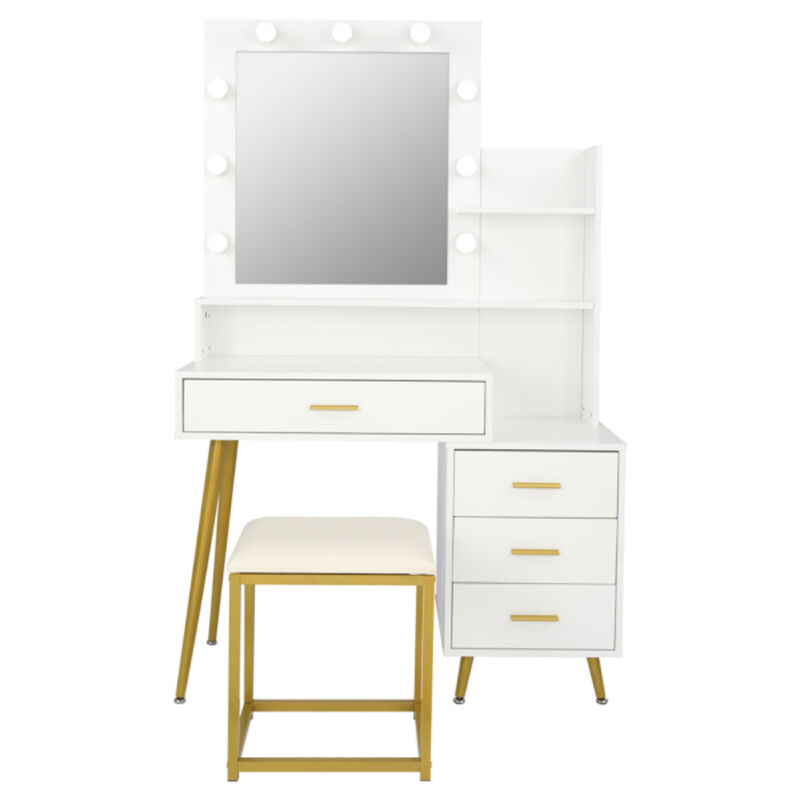 Makeup Vanity Set with 9 LED Bulbs, Dressing Table with Cushioned Stool, 3 Storage Shelves & 4 Drawers