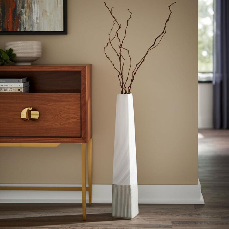 HomeRoots 32" White Faceted Geometric Tapered Ceramic Floor Vase image number 1