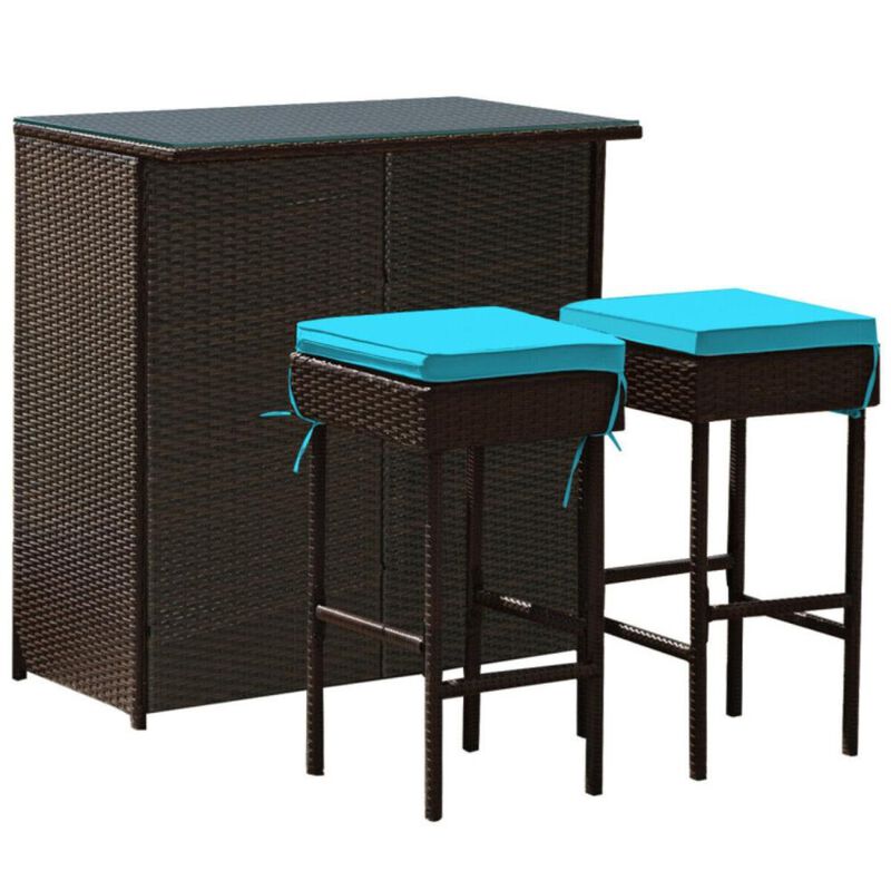 Hivvago 3 Pieces Outdoor Rattan Wicker Bar Set with 2 Cushions Stools