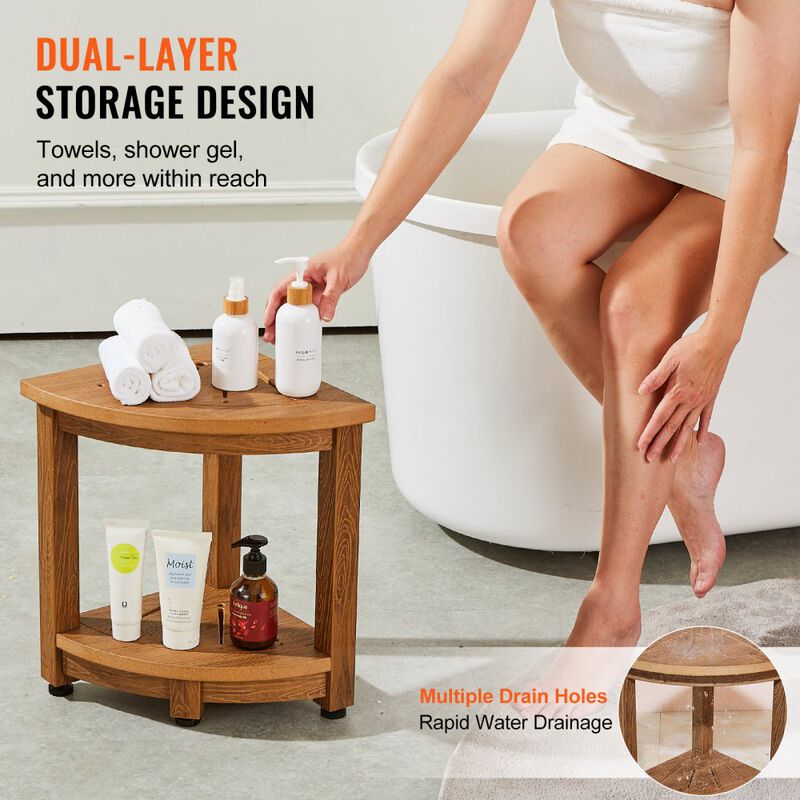 Corner Shower Stool with Storage Shelf, Faux Wood Grain Water Resistant Bench-Brown image number 4
