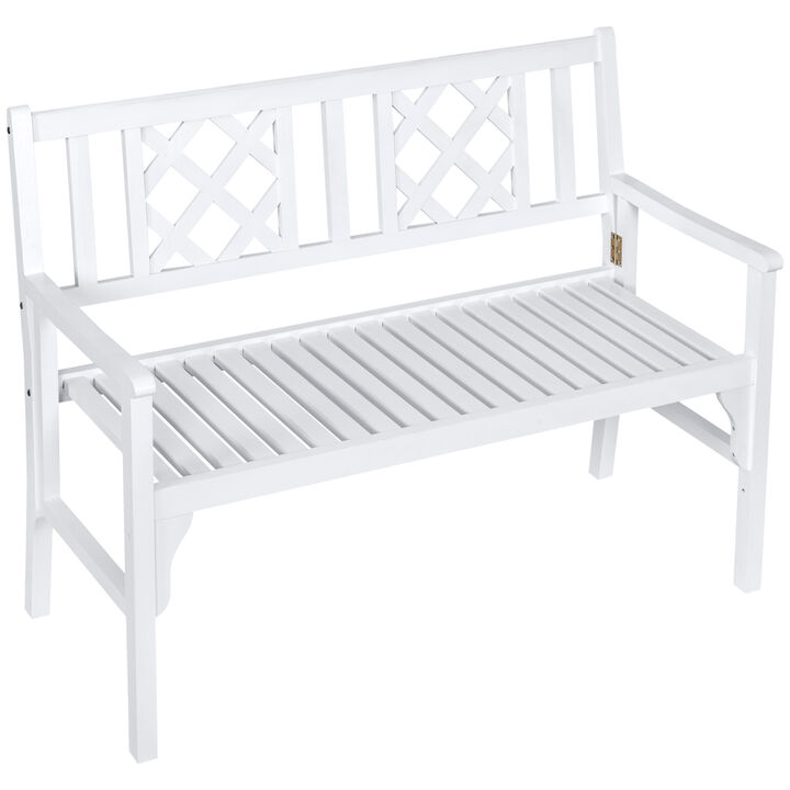 Outsunny 4FT Wooden Outdoor Garden Bench for 2, Portable Folding Loveseat 2-Seater Chair with Backrest, Armrests and Slat Seat, White