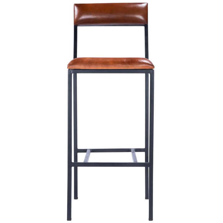 HomeRoots 32" Brown And Black Genuine Leather And Iron Bar Chair