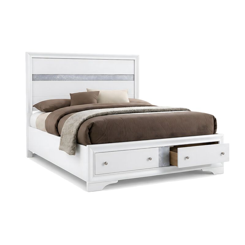 Cevy 5pc Queen Bedroom Set, 2 Nightstands, Silver Accents, White Wood image number 5