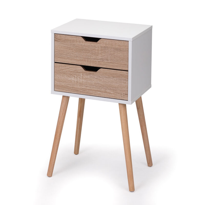 Streamdale 2-Drawer Nightstand with Solid Wood Legs, White/Walnut