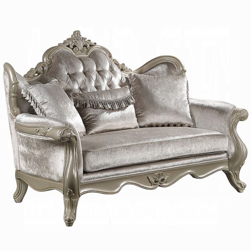 Bertha Baroque Loveseat with 3 Pillows, Tufted Champagne Gray, 70 Inch image number 0
