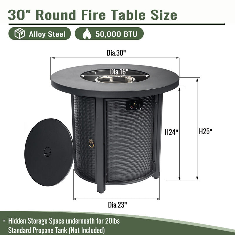 30" Propane Gas Fire Pit Table, 50000 BTU Round Steel Fire Pit for Outside Patio Deck Garden Courtyard