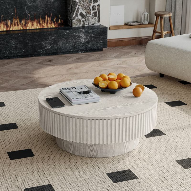 Round coffee table with storage Solid wood veneer and MDF coffee table with fluted base Modern accent coffee table for small spaces image number 3